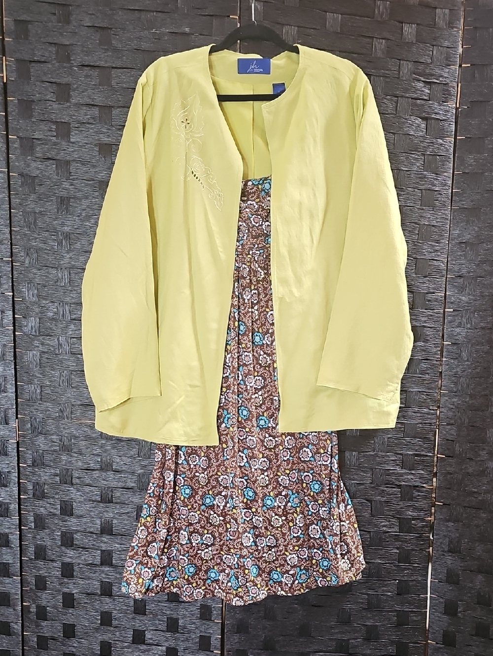 Yellow/Green Embroidered Jacket Over Brown/Blue/Green Floral Dress